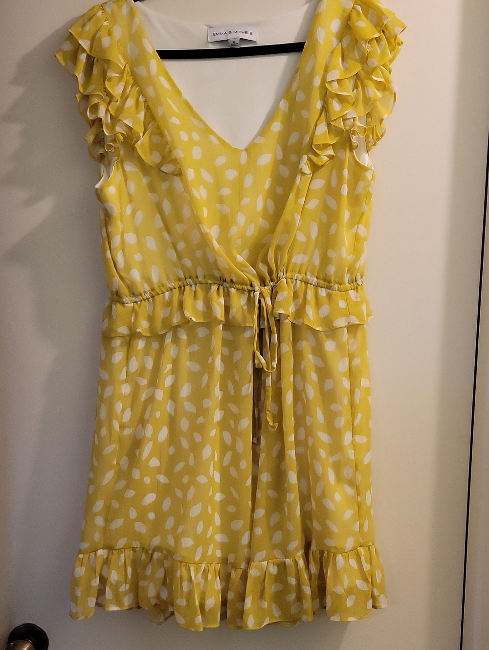 Emma & Michele Yellow White Polka Ruffle Tie-Waist Dress